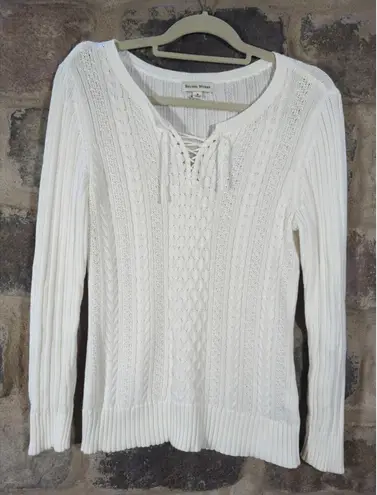 Studio Works Sweater Woman's Medium White Cable Knit Lace Up Neck Minimalist