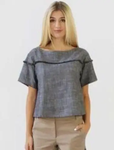 Grey Cropped Fringe Trim Short Sleeve Blouse NWT size Large Ethically Made