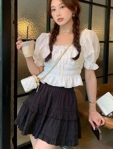 Japanese White Bohemian Cottage Puffy Sleeves Ruffle Lace Ribbon Crop Top Blouse