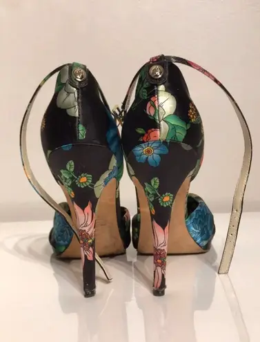 Ivanka Trump Floral Print Satin Straps Crisscross Leather Green Pumps Stilettos D’orsay Sandals