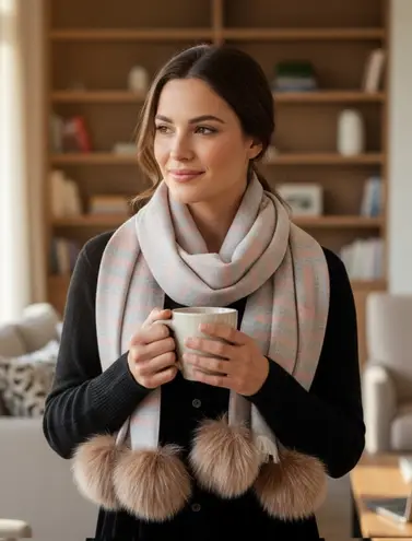 Vibrant Cashmere Scarf with Faux Fur/Fur Pom Poms Gray & Tan Striped Abstract