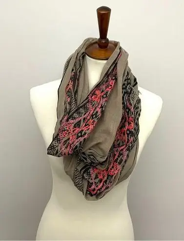 Infinity Scarf Embroidered Raw Hem Aztec Geometric Pink Coral Black Taupe Beige Tan