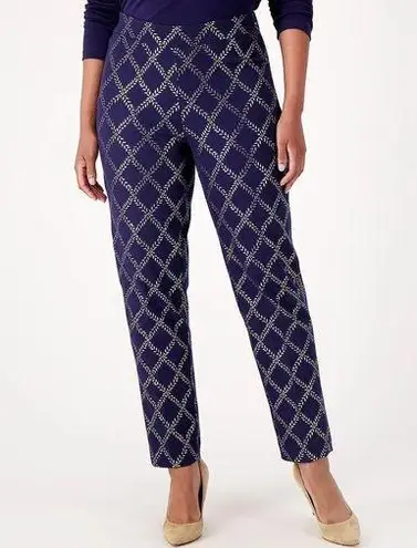 Isaac Mizrahi New Womens Live! Stretch Navy Blue Silver Foil Leaf Pants 10 T Tal