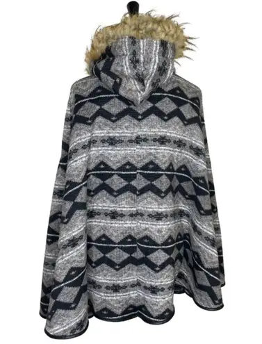 Women’s Faux Fur Hooded Parka Thick Shaw Poncho Southwestern Aztec Boho Black Size L
