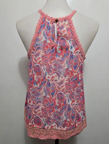 Ransom Coral & Blue Paisley Lace Trim Halter Tank Top Boho Festival Size Medium Pink