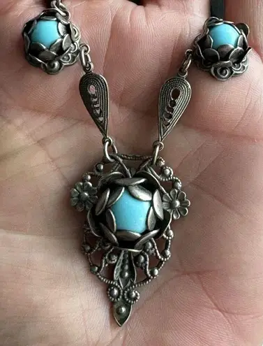 Antique Art Nouveau Silver Tone Czech Glass Blue Chrysoprase Necklace 1890’s