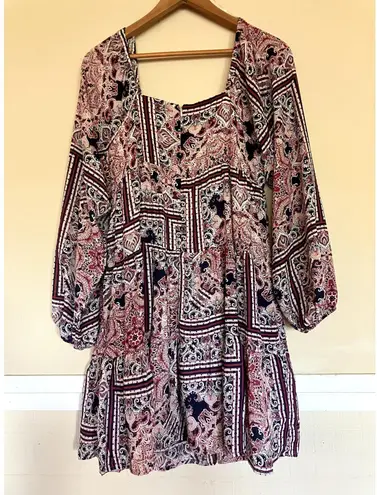 SAVANNA JANE Frilly Patchwork Print Mini Dress Size Medium M Long Sleeve Purple