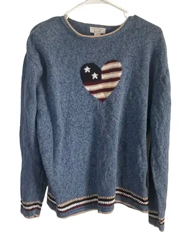 Christopher & Banks Vintage Embroidered American Flag Heart Blue Sweater