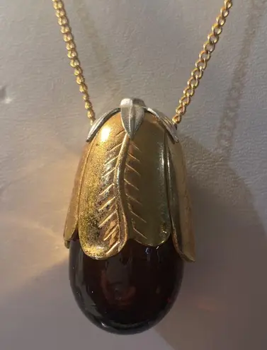 Vintage Avon Eggplant Shaped Perfume Bottle Holder Pendant Necklace 26" Gold