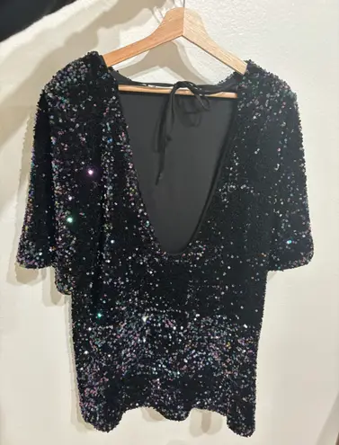 Showpo VALETTA MINI DRESS - HIGH SCOOP NECK 3/4 SLEEVE COWL TIE BACK IN MIDNIGHT BLUE SEQUIN