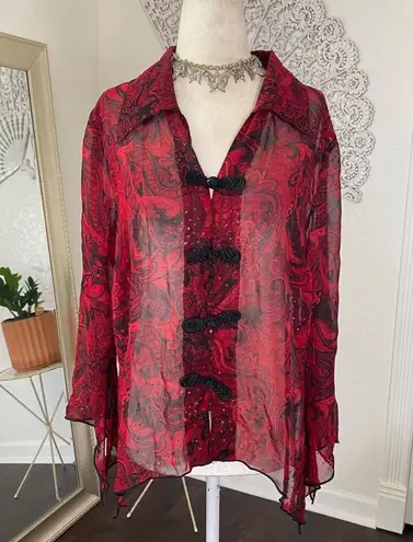 Red Black Whimsygoth Split Sleeve Asymmetric Semi Sheer Mesh Blouse L Size L