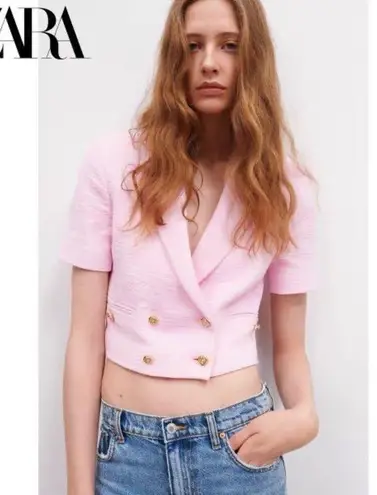 Sandro Vintage Short Sleeve Pink Cropped Blazer Size Large Spring Shimmer