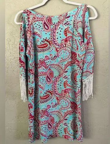 Lucy Love Paisley Print 100% Rayon Cold Shoulder Peasant Mini Delaney Dress Sz M