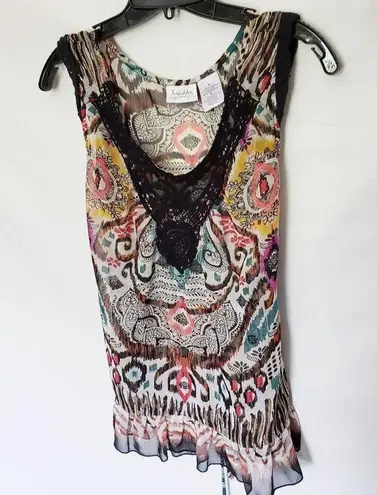 Forbidden Boho Sheer Tank Womens Top Size Medium Black Lace Ruffle