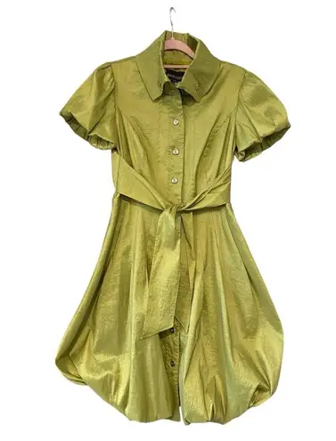 Frank Lyman Design Celery Green Bubble Hem Puff Sleeve Button Down Belted Dress Size 6
