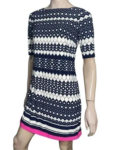Eliza J Women’s Size 6 Navy Blue White Pink Geometric Print Sheath Mini Dress