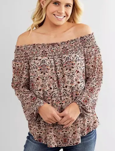 Day Trip Size Medium Mesh Off the Shoulder Top Neutral Floral Boho Prairie Fall - Image 1