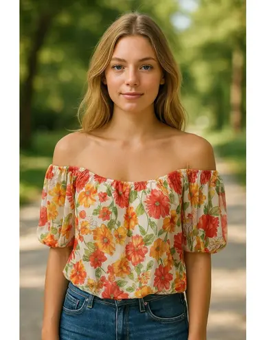 CEU) HUG Women Size medium floral dress off shoulder sleeves Elastic Top blouse White