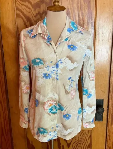 Vintage 70s floral polyester disco shirt Tan Size M