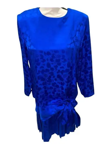 Vintage 80’s blue floral silk drop waist Pat Argenti giant bow tie pleated dress Size 8