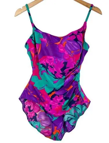 Vtg Y2K Abstract Swim One Piece Sz 16 High Cut Neon Floral Print Ruched Pink