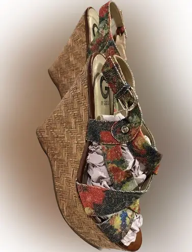 G by Guess Floral Vibrant Glitter Strappy Wedges Platform Shoes - Size 11M