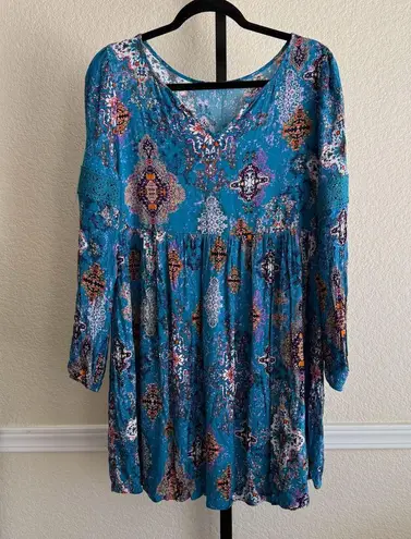 Bohemian Blue Green Babydoll Tunic Top Medium Comfy Relaxed Flowy Boho Blouse