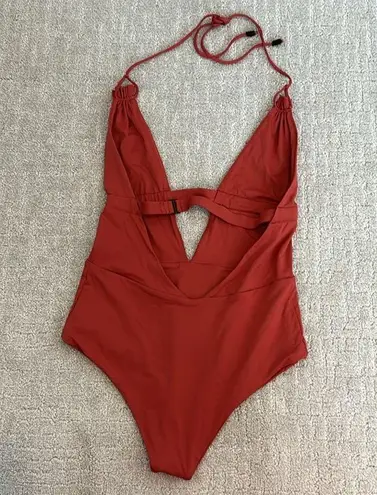 Tavik “Emme” halter one piece rust red dusty plunge v neck high cut cheeky Size L