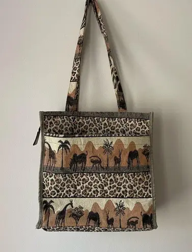 Vintage 80s Safari Animal Print tapestry tote bag vacation beach resort travel Brown