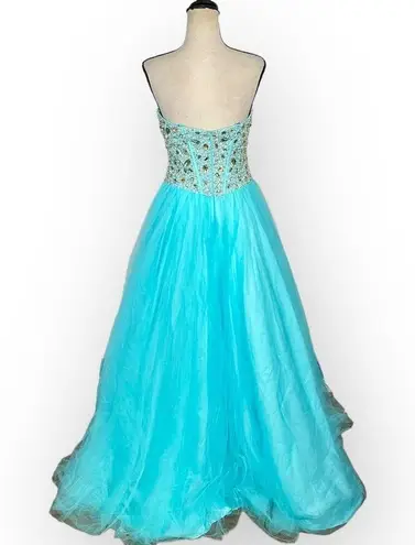 Terani Couture Formal Gown Women's Med Blue Embellished Strapless A-Line Maxi