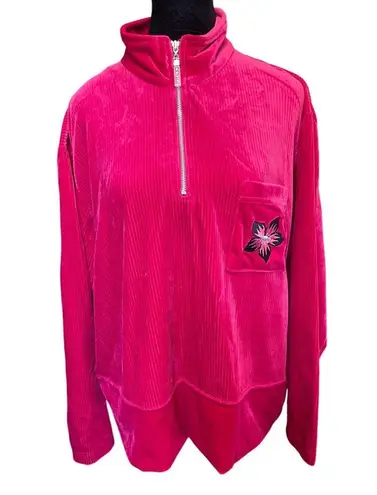 Jaclyn Smith Sport Vintage 90s Pink Velvet Corduroy Tropical Floral Zip Jacket