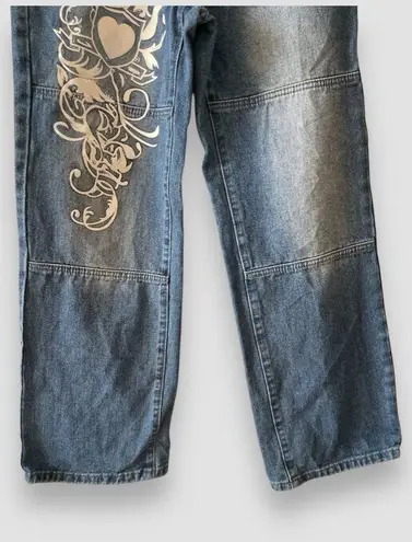 Women Low Rise Washed Baggy Jeans Heart Floral Graffiti Wide Leg Denim Sz Sm Blue