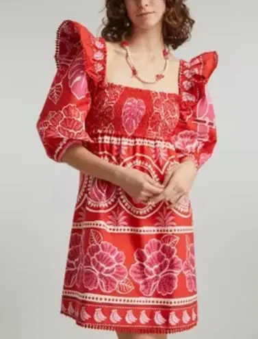 Farm Rio  Women’s Summer Sunrise Mini-Dress Puff Sleeve Medium Red Floral