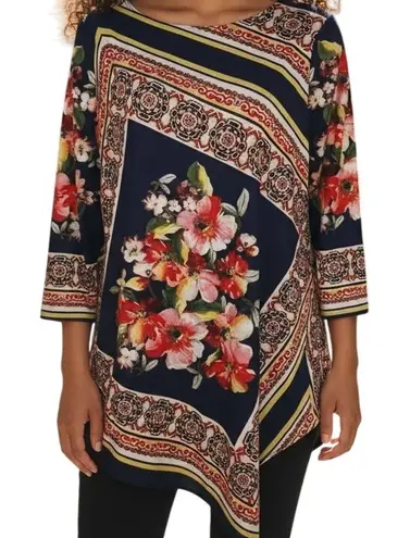 Slinky Brand Gorgeous Geometric & Floral Print Slanted Front Top EUC Size Small