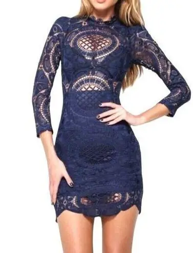 Hello Molly Dress Size 6 Blue Crochet Mini Sheath High Neck Long Sleeve Cocktail