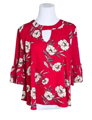 URBAN Romantics Red Floral Swing Blouse LARGE Keyhole Neck Ruffle Sleeves NWOT