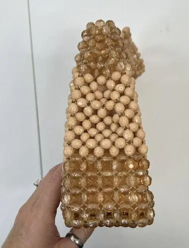 Vintage 1960's Beaded Handbag Made in Hong Kong Opaque Faceted Beige Beads Tan