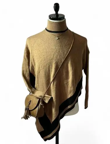 River Island Asymmetric Poncho Sweater Turtleneck Tan Black Colorblock Cozy Chic