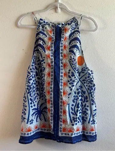 Farm Rio Tank Top Afternoon Breeze Beaded Tassel Tie Cotton Blouse Sz L NWT