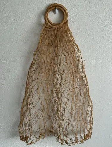 Vintage 90s Handmade Woven Straw Crochet Net Jute Farmers Market Large Tote Bag Tan