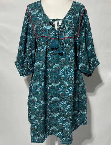 Band Of The Free New Floral Print Tassel Tie Babydoll Mini Dress Teal Size Small