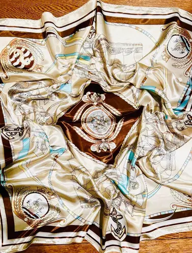 Vintage Square Sailing BOAT,WHEEL&Anchor 35/35 Oversized satin Silky SCARF Brown
