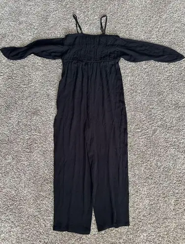 Loft  Beach smocked tie front jumpsuit wide leg flowy pants leg tank top black XS