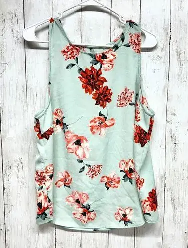 14th & Union Tank Top Women Sz L Teal Blue Floral Round Neck Straight Hem Summer
