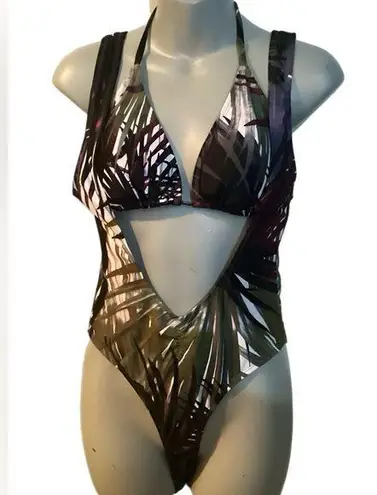 NWOT Tropical Leav es Women's Triangle Bikini Top & Monokini 2 pc Swim Suit Set Green Size L