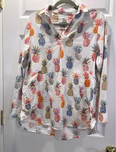 Sigrid Olsen Linen Pineapple Print Tunic Top Button Front Shirt Blouse S - Image 1
