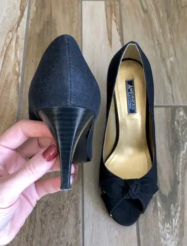 American Living Consuelo Black Open Toe Bow Tie Fabric Heels, sz. 7