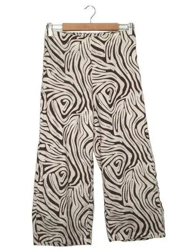 Tahari Pants Womens S Linen Cropped Wide Leg Geometric Beachy Cream Brown