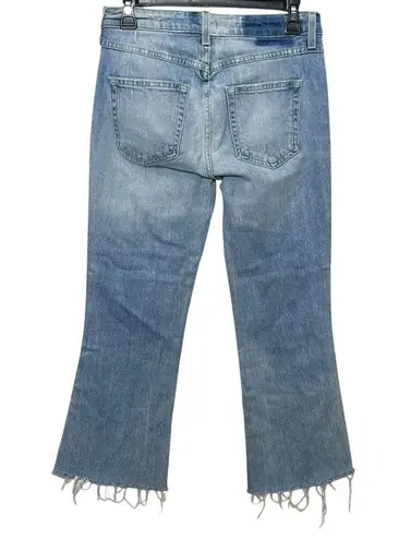 AMO Kick Crop Jeans in Sweet Cheeks Distressed Raw Hem Mid Rise Women’s Size 26 Blue