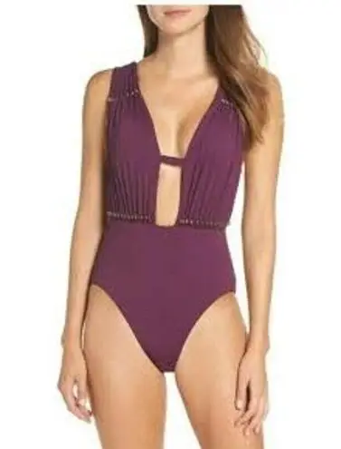 Becca L Reconnect One Piece Swimsuit Burgundy Oxblood Plunging Beaded Charms